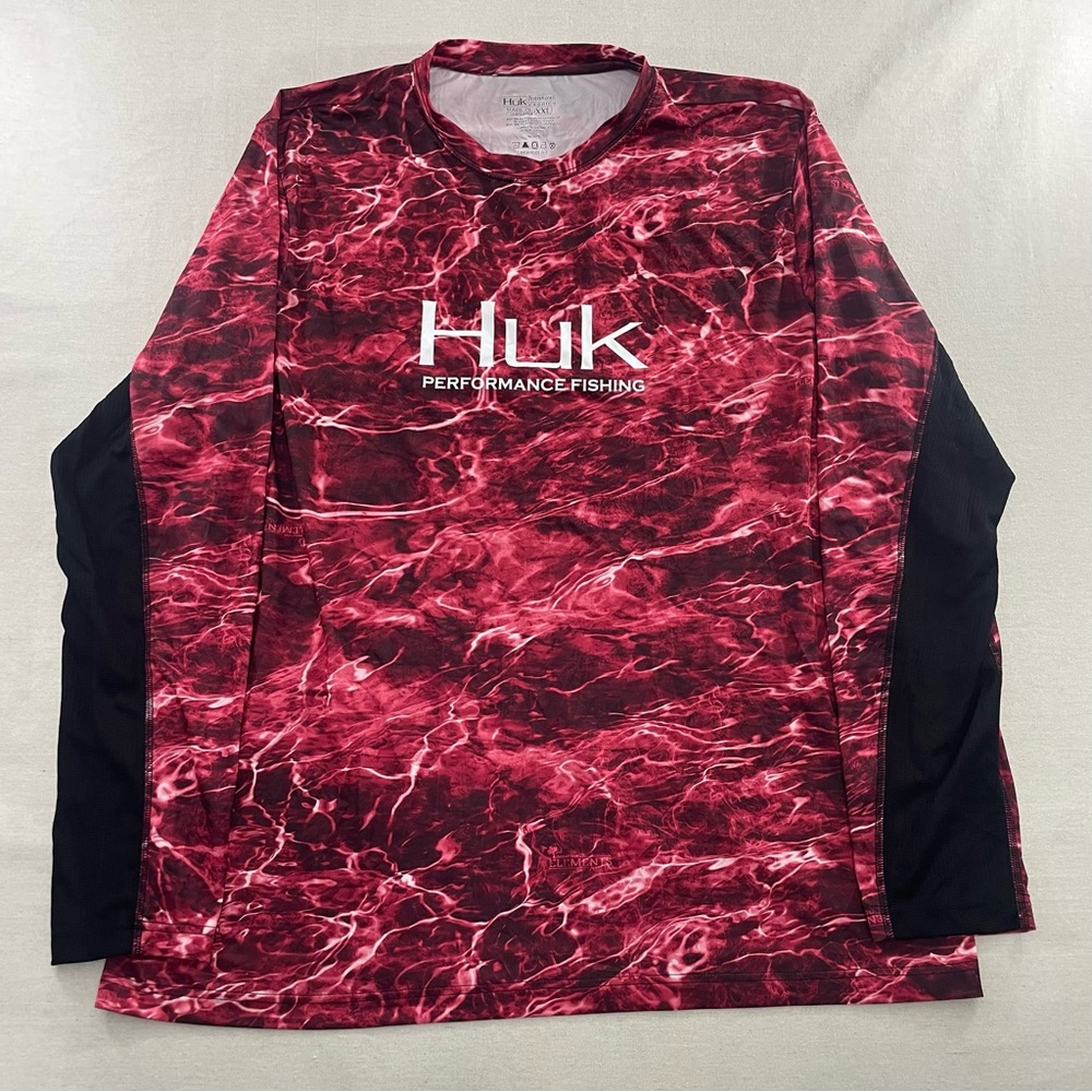 Huk Performance Fishing Shirt Mens 2XL Red Mossy Oak Elements Agua Camo UPF